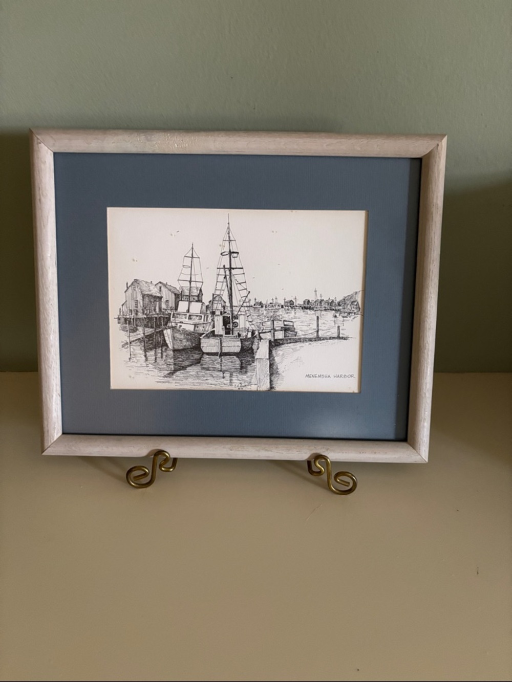 Framed Harbor Pen & Ink Art Print of Menemsha Harbor, 9” x 11” Framed - Picture 6 of 6